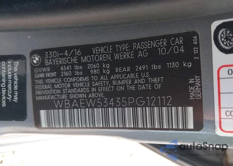 2005 BMW 330Xi from USA, damaged, VIN WBAEW53435PG12112